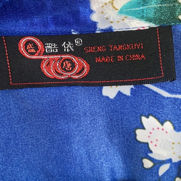 Vintage Royal Blue Kimono Silky Satin Floral Large Pink Bird Robe Sleepwear - Picture 4 of 7